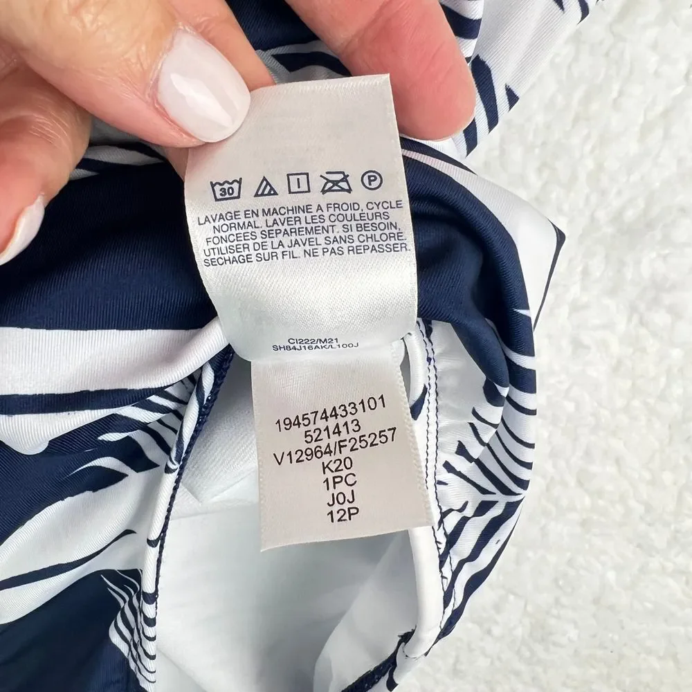 LANDS END Preppy Girls 1 Piece Navy Pink Palm Stripe Swim‎ Suit Size 12